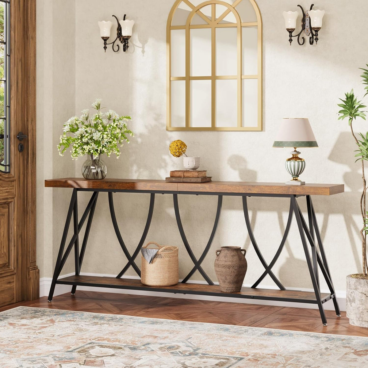 JUSTOGO 70.9" Narrow Console Table for Entryway, Industrial Long Sofa Table Behind Couch, Farmhouse Hallway Table with Storage for Living Room, Entrance, Foyer, Rustic Brown