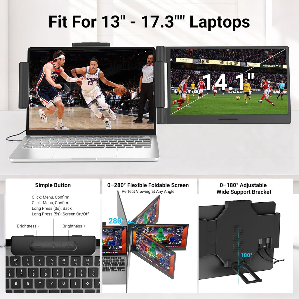 Laptop Screen Extender 14.1" 1080P IPS, Dual Screen Portable Monitor for Laptop 13-17.3", Plug & Play Monitor Extender with USB-C/HDMI, Travel Monitor for Work & Home Office Mac/Windows/Chrome/Android