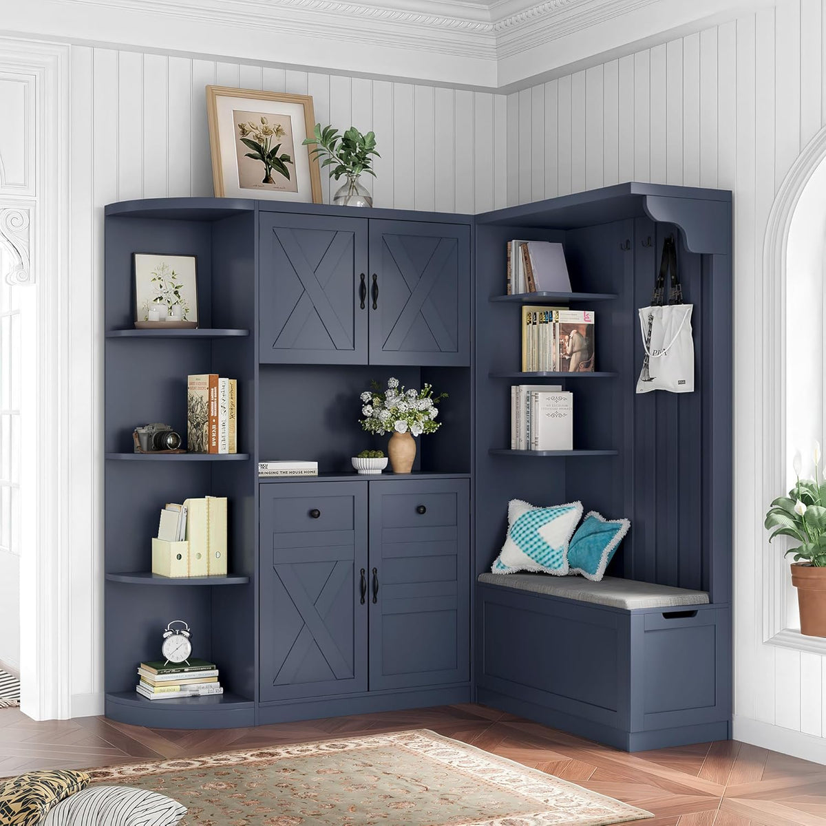 LUMISOL Wide Hall Tree with Storage and 4 Hooks, Left-Right Combination Hall Cabinet, Can Be Used Separately, Entryway Storage Cabinet with Bench, for Living Room Kitchen, Antique Blue