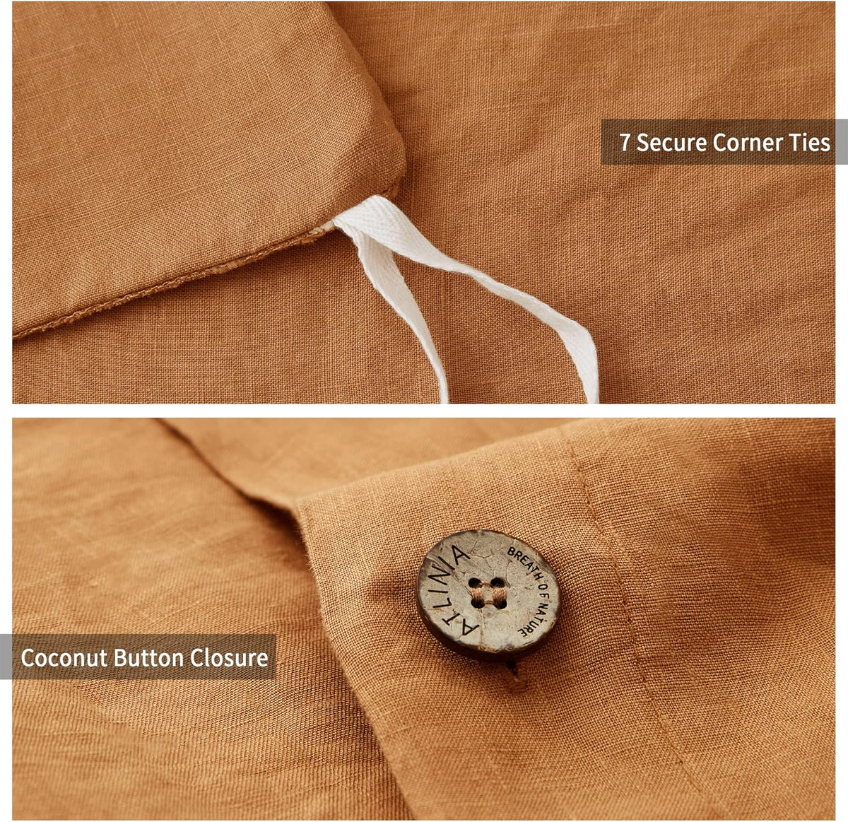 ATLINIA 100% Flax Linen Duvet Cover Set - Stone Washed Pure French Linen Organic Fabric for Farmhouse Comforter Boho Bedding Included 1 Duvet Cover 2 Pillow Shams(Rust, Queen)