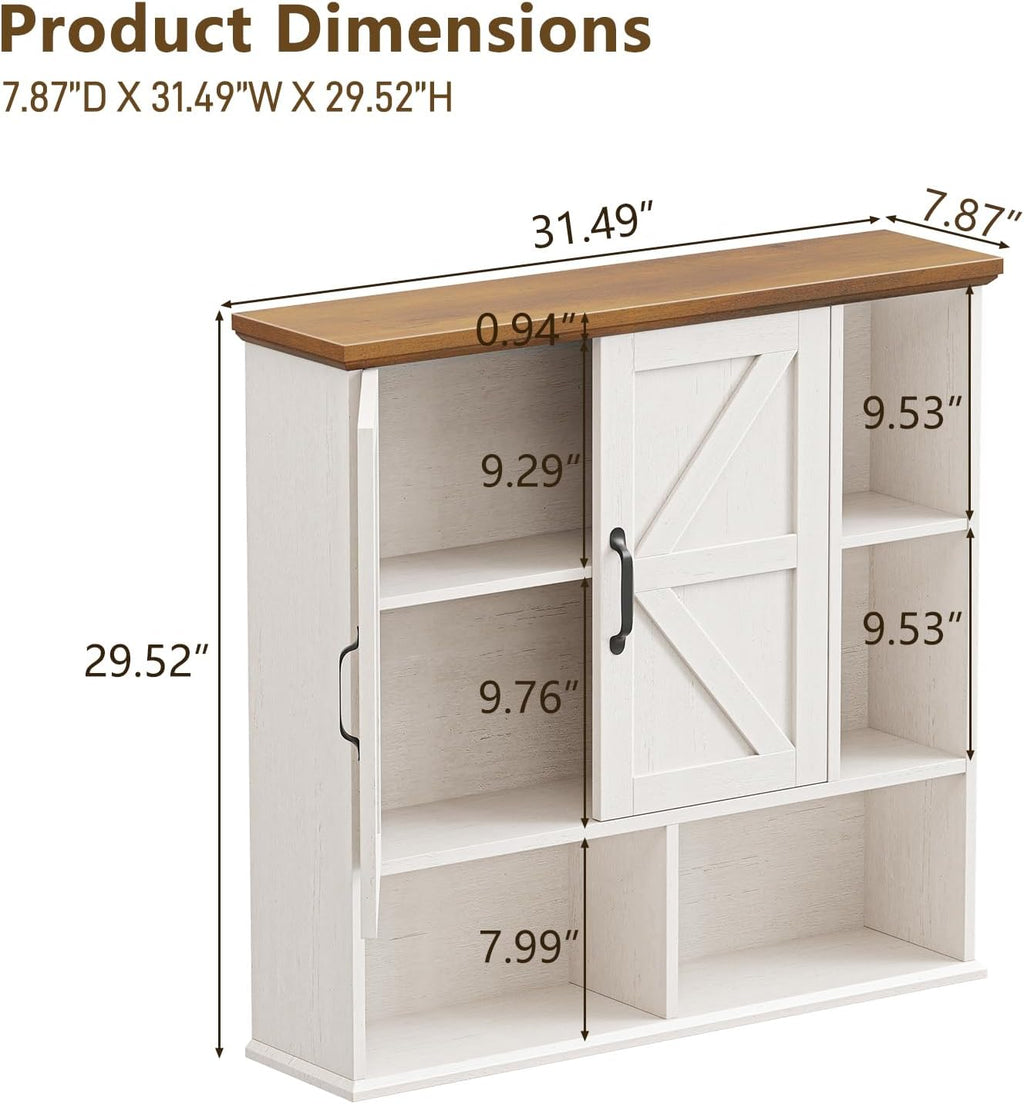 Bathroom Wall Cabinet, Farmhouse Medicine Cabinet with Double Barn Door and Adjustable Wood Shelf, Over The Toilet Storage Cabinet for Wall Mounted for Bathroom Laundry Room Kitchen (White and Brown)
