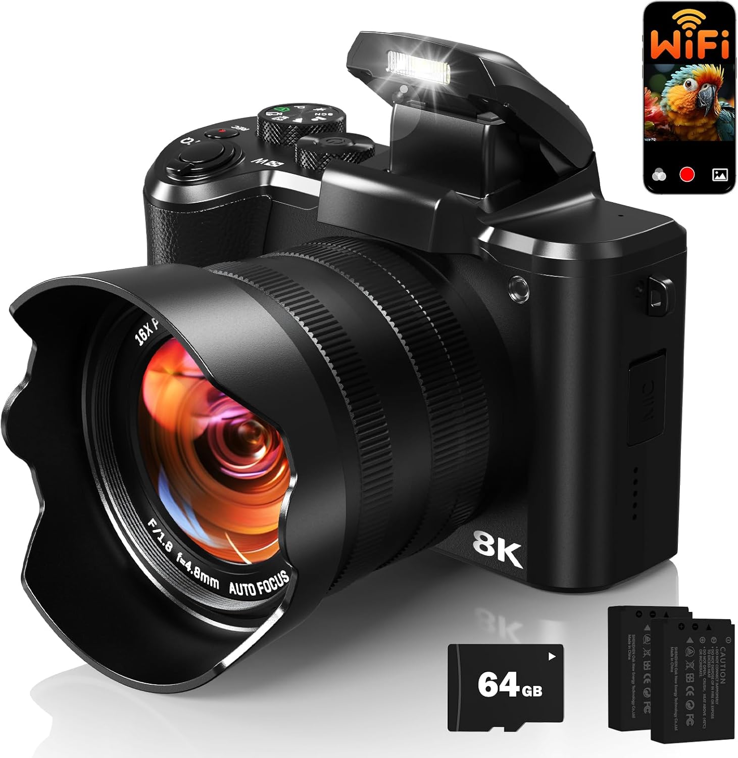 8K Digital Cameras for Photography, Autofocus 88MP WiFi Vlogging Camera for YouTube with Selfie Lens, Professional Video Camera with Flash, Touch Screen, Lens Hood, 64GB Card, 2 Batteries