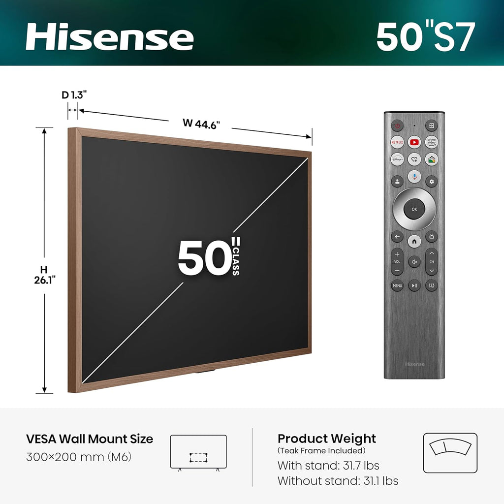 Hisense 50“ Hi-QLED S7 CanvasTV Series 4K UHD Google Smart Art TV (50S7SG, 2026 New) - Art Mode, Anti-Glare Panel, Dolby Vision HDR, Hi-Matte Display, Frame & UltraSlim Wall Mount Included