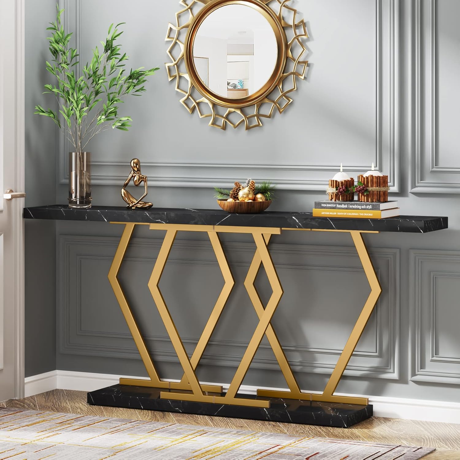 Tribesigns 70.9 Inch Extra Long Sofa Table .Black and Gold Console Table with Faux Marble Tabletop, Modern Long Entryway Table with Gold Frame