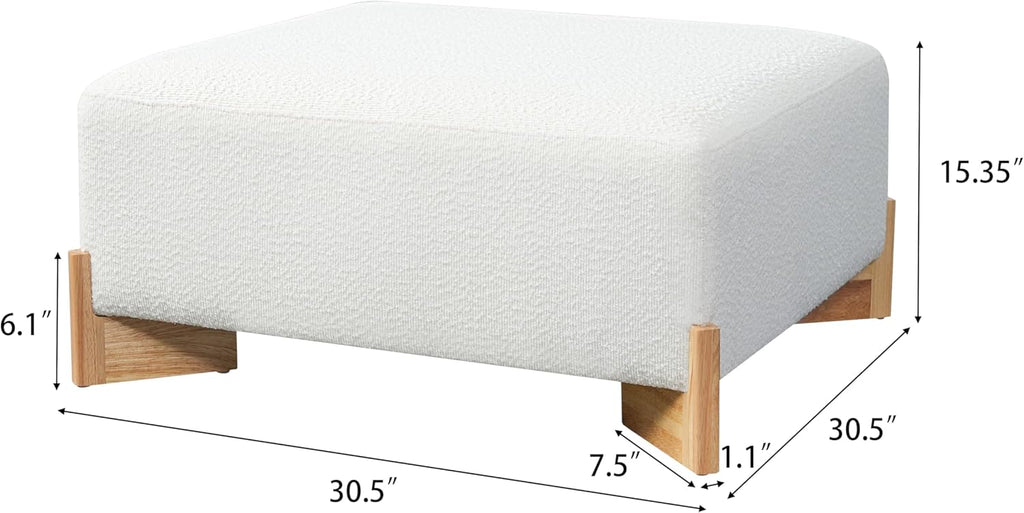 PU Leather Large Square Ottoman with Solid Wooden Legs, 30.5" Faux Leather Coffee Table for Living Room, Ivory