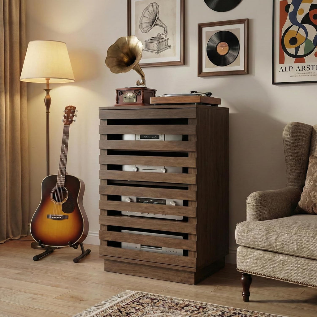 holzart Modern Slatted Audio Component Cabinet, 4-Tier Stereo Equipment Rack Media Stand with Ventilated Door & Cable Management, Rustic Brown 35.4" Tall