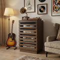 holzart Modern Slatted Audio Component Cabinet, 4-Tier Stereo Equipment Rack Media Stand with Ventilated Door & Cable Management, Rustic Brown 35.4" Tall