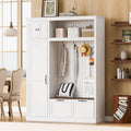 Merax 3-in-1 Hall Tree with Overhead Storage Cabinet, Adjustable Side Shelves,4 Hooks,2 Spacious Drawers,Grooved Back Panel Design, Contrasting Seat Bench,Multifunctional Entryway Organizer, White