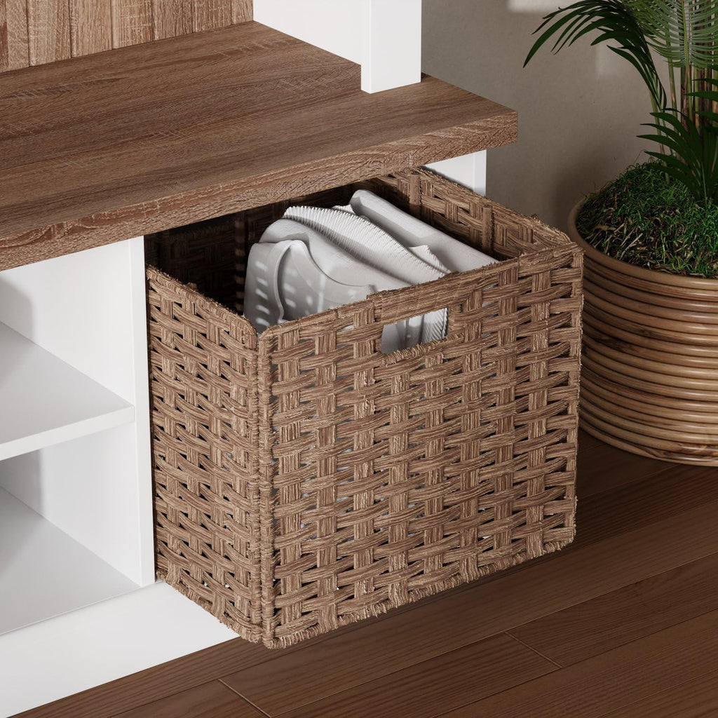 66.9" Tall Hall Tree with Bench and Shoe Storage, Modern Entryway Mudroom Furniture with Coat Rack and 2 Rattan Baskets, White and Oak Home Organizer with 5 Hooks for Foyer