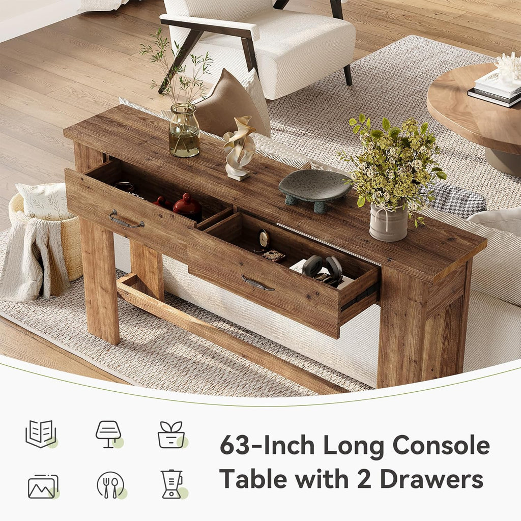 LITTLE TREE 63-Inch Solid Wood Console Table, Farmhouse Entryway Table with 2 Drawers, Narrow Sofa Table for Entryway, Hallway, Living Room, Foyer, Behind Couch
