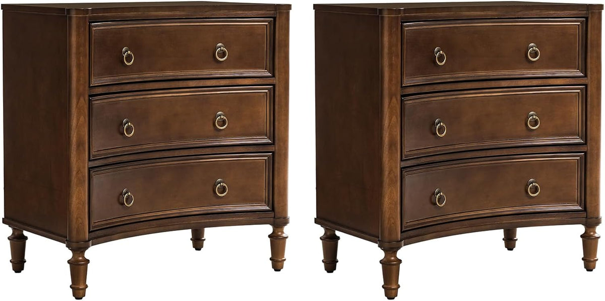 HULALA HOME 3 Drawer End Tables Set of 2 with Charging Station, 26" Wide Endtables with Solid Wood Legs and Curved Profile, Classic Side Tables for Living Room, Walnut