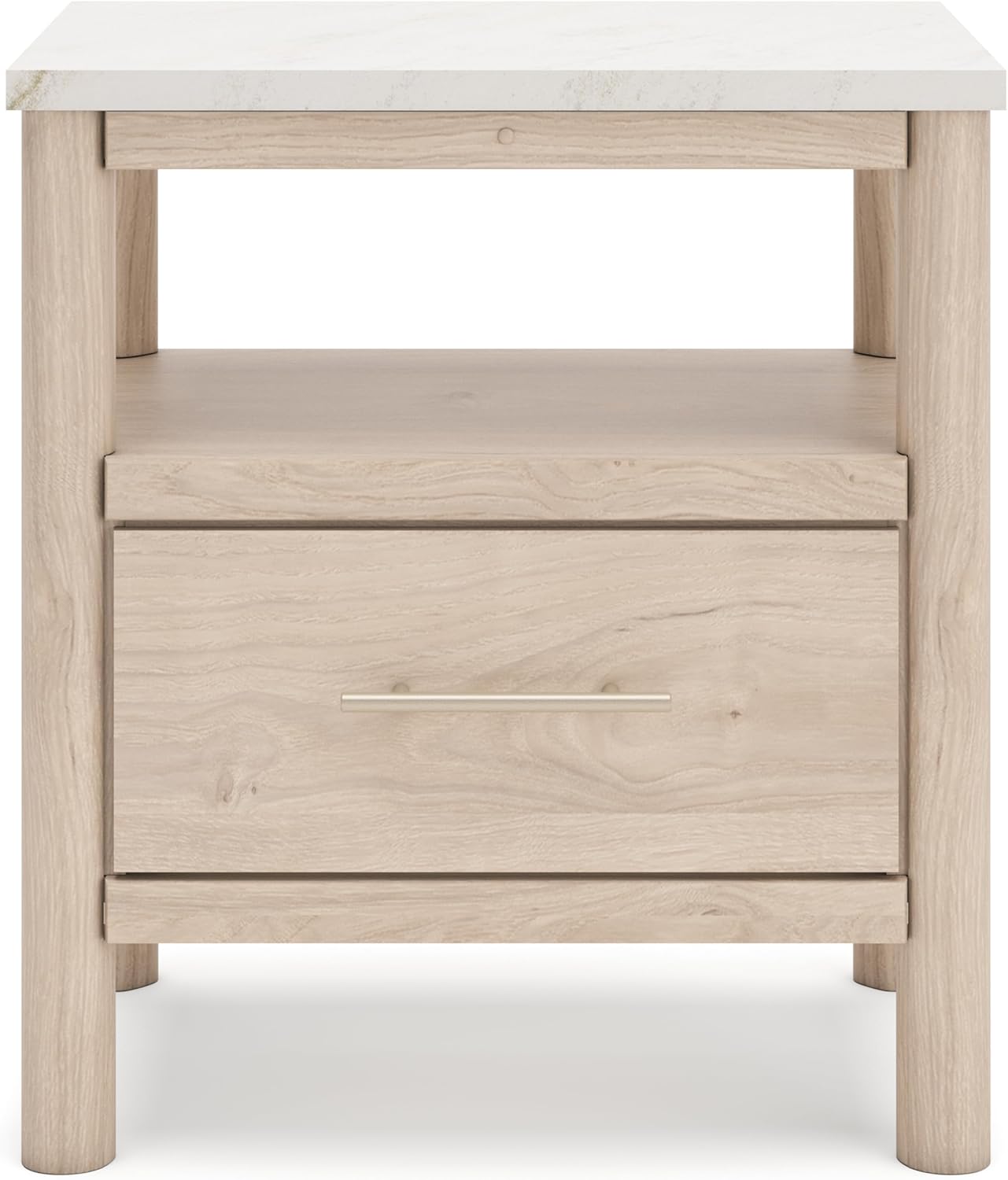 Signature Design by Ashley Cadmori Casual Faux Marble Tabletop 1 Drawer Nightstand with Open Shelf, Ambient Lights, Wireless Charging and USB-C Ports, 26.57" Tall, Light Brown & White