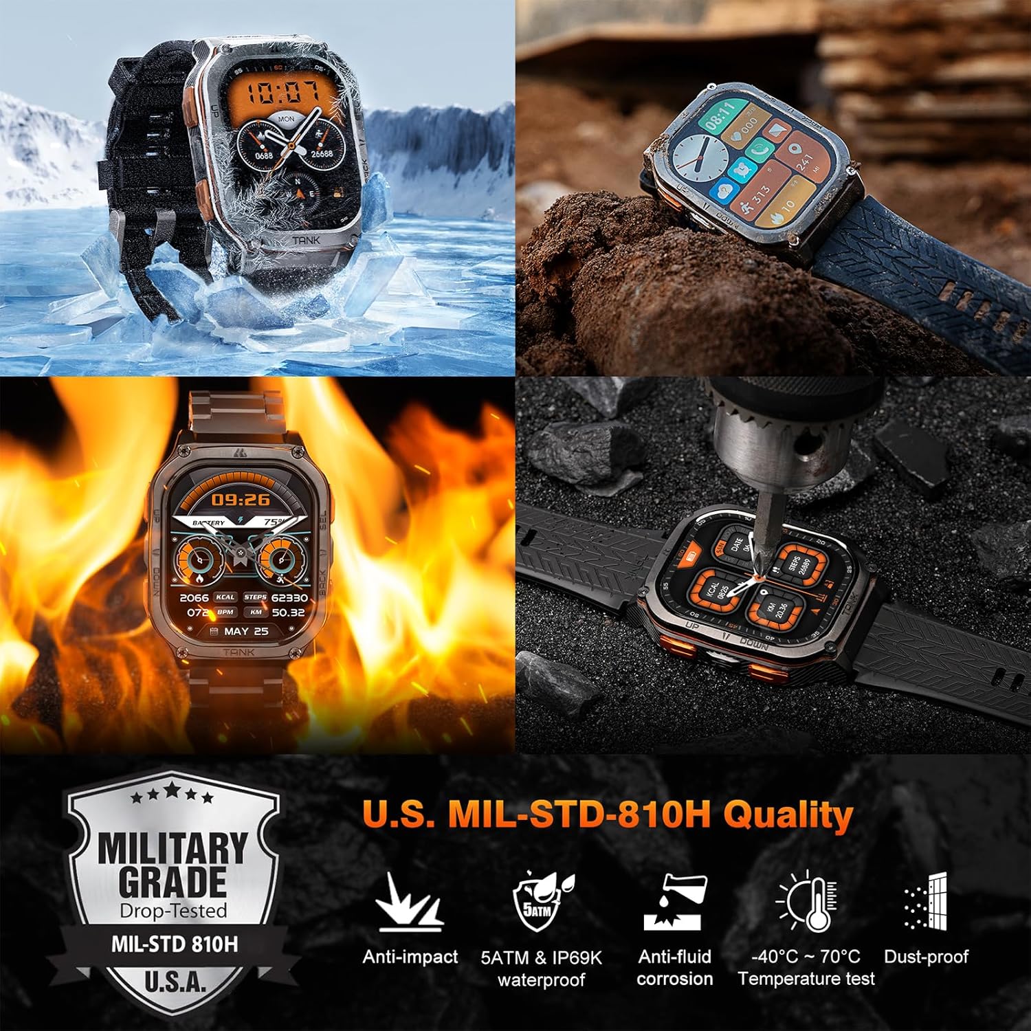 AMAZTIM Military Smart Watch with GPS, 6 Satellite Positioning/Compass, Stainless Steel Body, Waterproof, 480mAh Extra-Large Battery, Answer/Make Call, 2" AMOLED Screen, Compatible for Android iOS