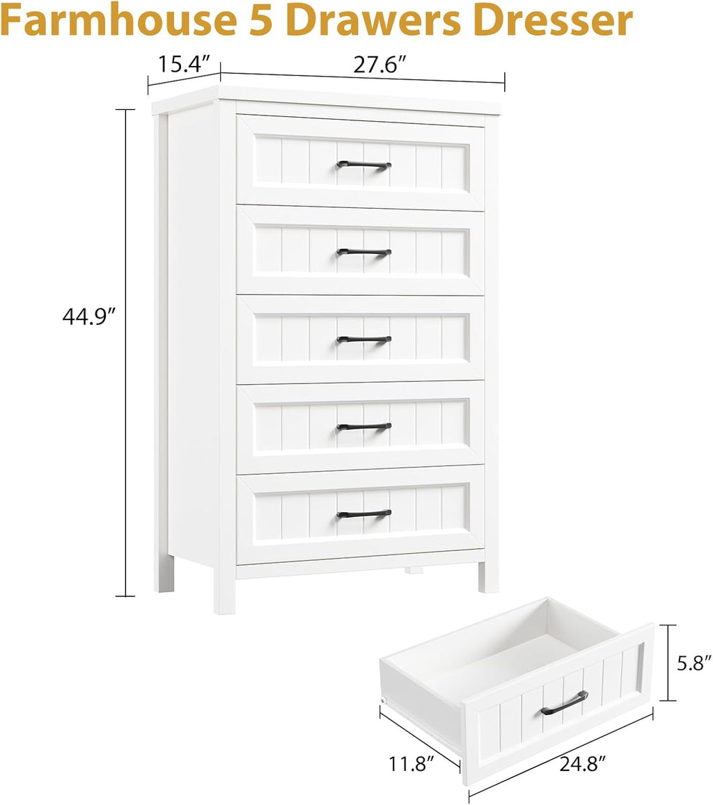 Jocoevol 5 Drawer Dresser for Bedroom - Farmhouse 44.9" Tall Chest of Dresser with Large Storage, Rubst Wood Construction for Living Room, Hallway & Entryway - White
