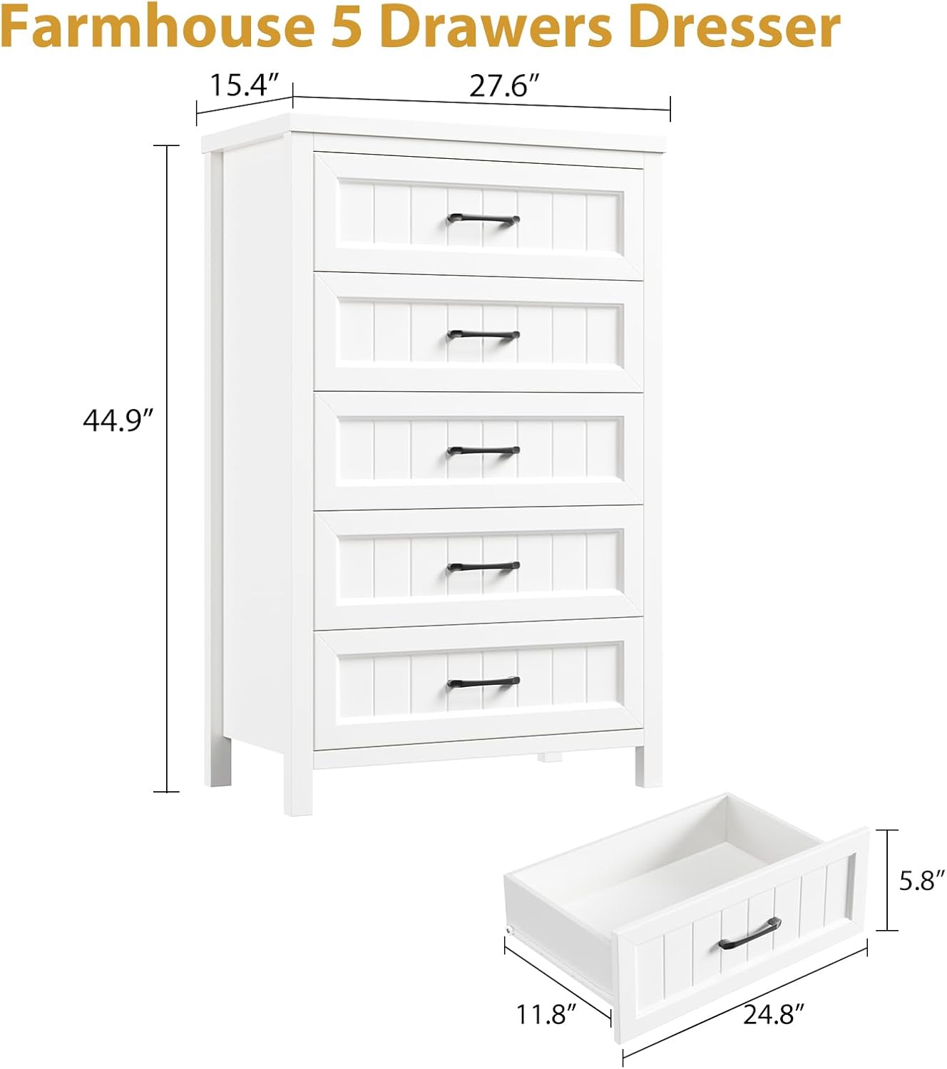 Jocoevol 5 Drawer Dresser for Bedroom - Farmhouse 44.9" Tall Chest of Dresser with Large Storage, Rubst Wood Construction for Living Room, Hallway & Entryway - White