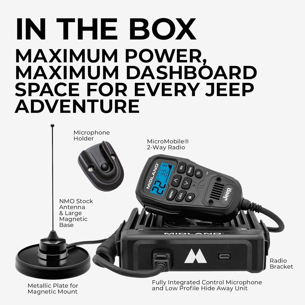 Midland MXT575J Jeep MicroMobile GMRS Two Way Radio with NOAA Weather Scan and Alert - for Farms, Ranches, Overlanding - Repeater Capable, Integrated Control Mic,- External Magnetic Mount