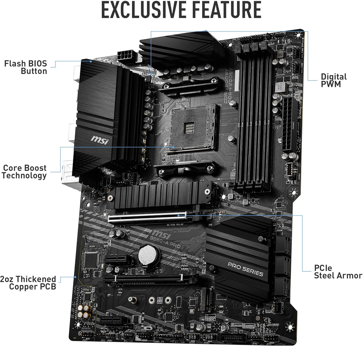 MSI B550-A PRO ProSeries Motherboard (AMD Ryzen 5000, AM4, DDR4, PCIe 4.0, SATA 6Gb/s, M.2, USB 3.2 Gen 2, HDMI/DP, ATX)