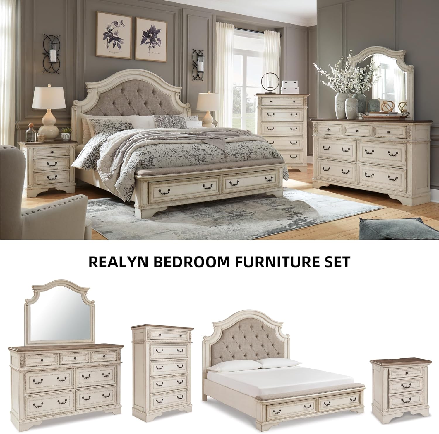 Signature Design by Ashley Realyn French Country 3 Drawer Nightstand with Electrical Outlets & USB Ports, 27.75" Tall, Chipped White