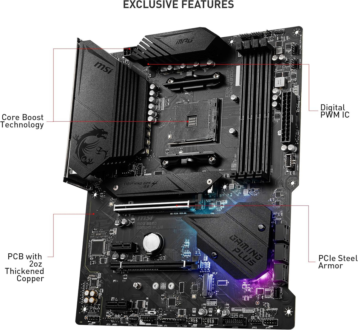 MSI MPG B550 Gaming Plus V1 Gaming Motherboard (AMD Ryzen 5000, AM4, DDR4, PCIe 4.0, SATA 6Gb/s, M.2, USB 3.2 Gen 2, HDMI/DP, ATX)