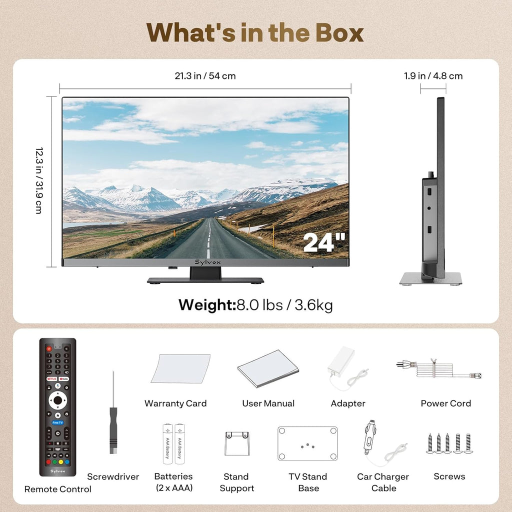 SYLVOX RV TV, 12V QLED TV with DVD Player Built-in, 24 Inch Smart Television for Camper, 12 Volt DC Power Low Energy Consumption, HD 1080P, Bezel Less Design