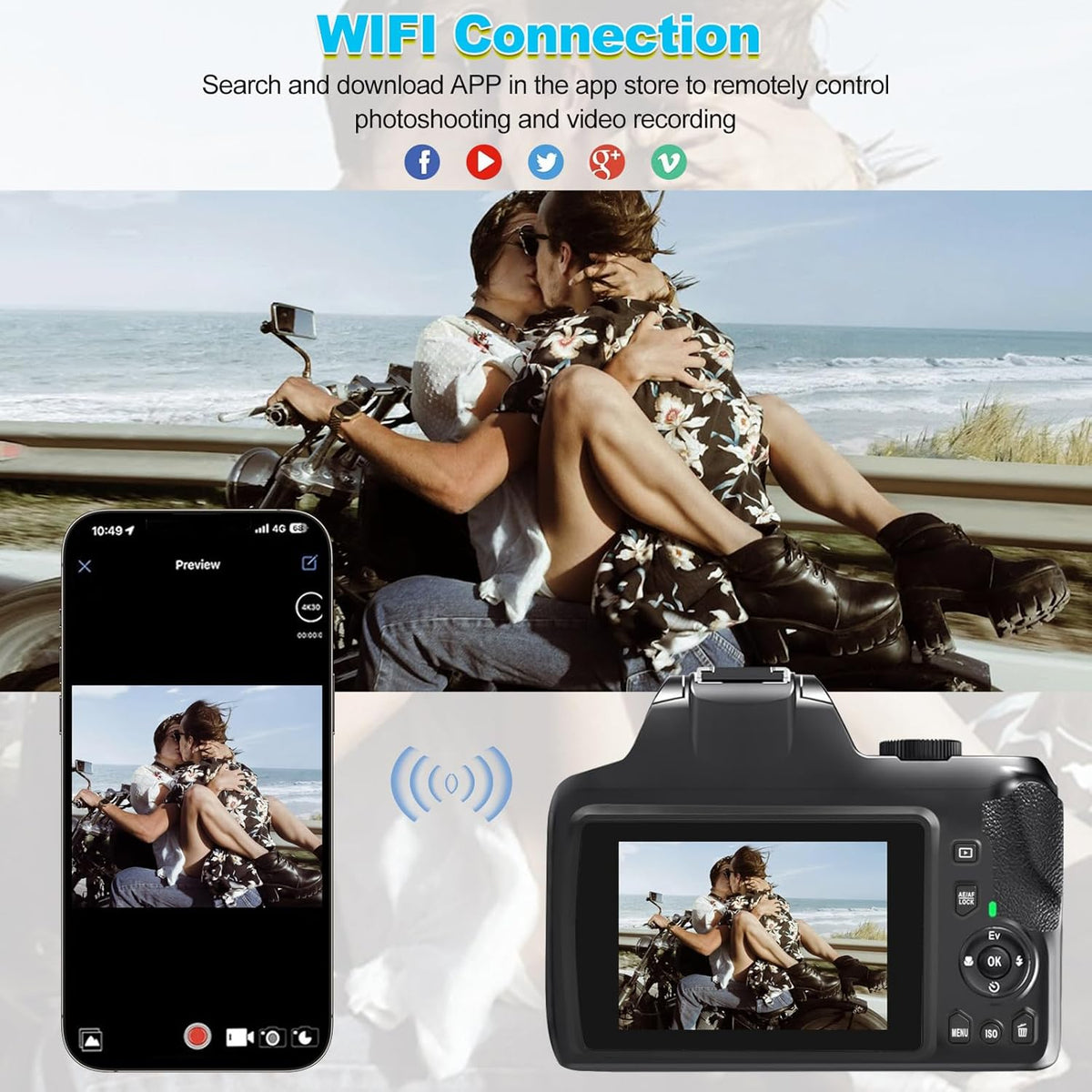 4K Digital Camera for Photography with WiFi, 10X Optical Zoom Vlogging Camera for YouTube 64MP Autofocus Compact Camera with 64GB SD Card 2 Batteries, USB Card Reader & Charging Stand Videorecorders