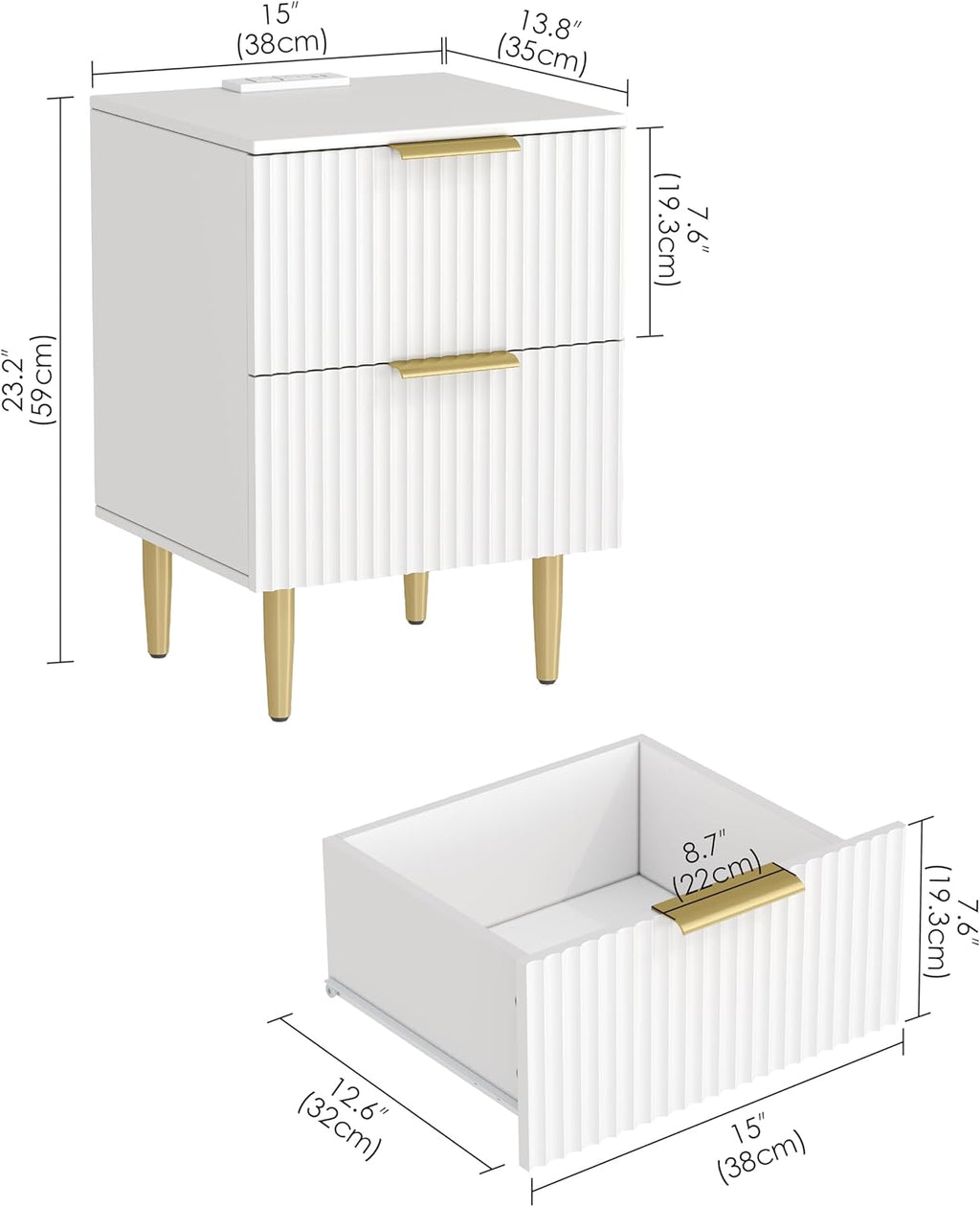 Akxomel White Nightstand Set of 2, Fluted Night Stand with Charging Station, 13.8" D x 15" W x 23.2" H, 2 Drawers Modern Bedside Table with USB Ports and Outlets, Golden Side Table for Bedroom