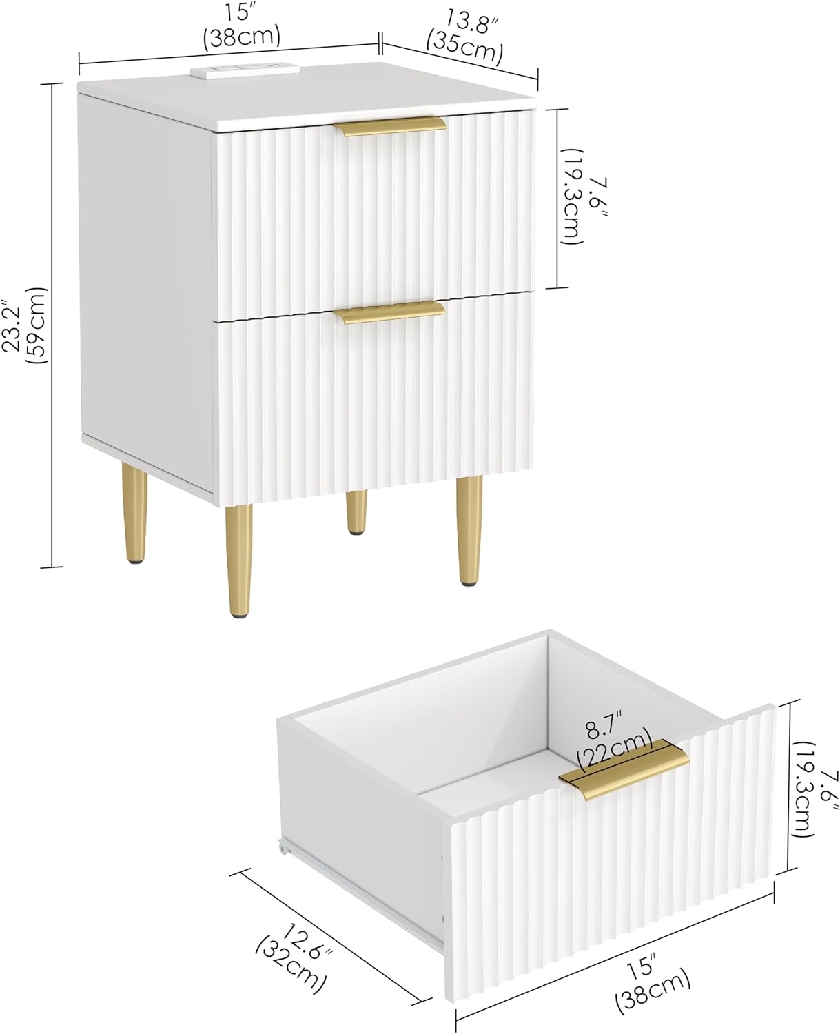 Akxomel White Nightstand Set of 2, Fluted Night Stand with Charging Station, 13.8" D x 15" W x 23.2" H, 2 Drawers Modern Bedside Table with USB Ports and Outlets, Golden Side Table for Bedroom