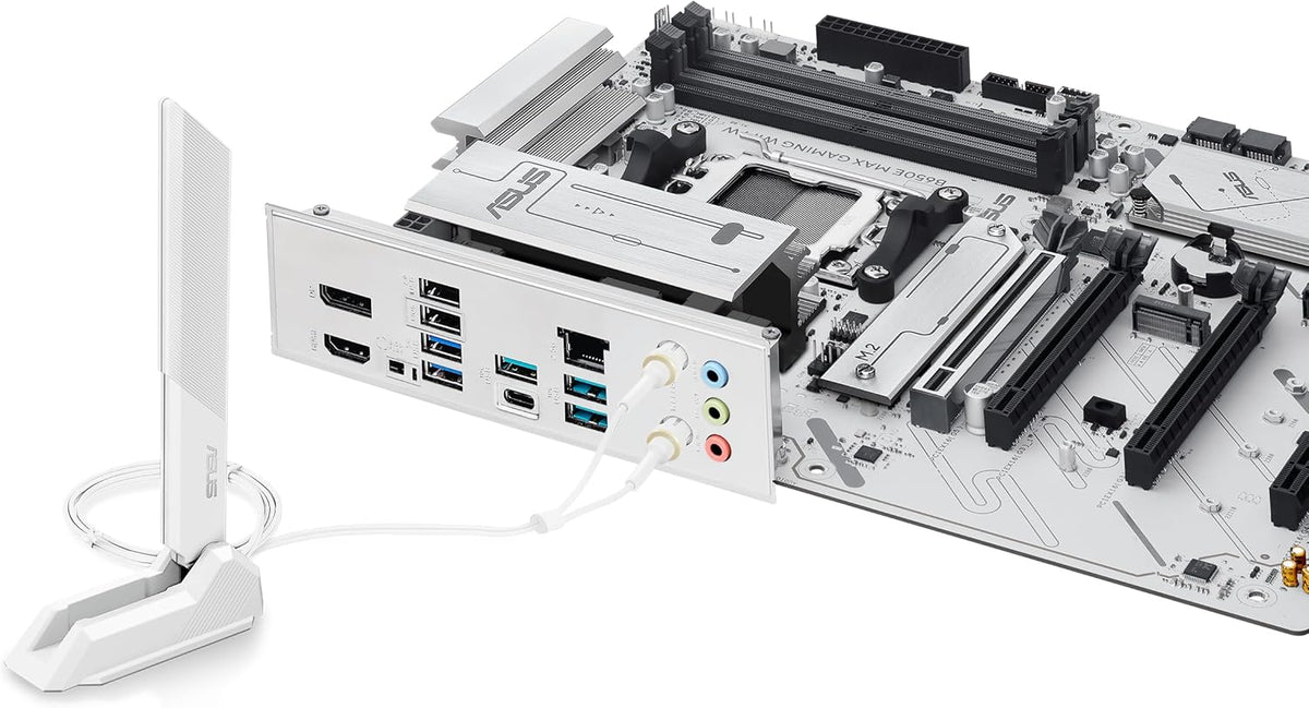 ASUS B650E MAX Gaming WiFi W – AMD B650 AM5 ATX Motherboard, White PCB, DDR5, PCIe 5.0, 3X M.2, Wi-Fi 6E, 2.5Gb LAN, USB 10Gbps Type-C, DisplayPort, HDMI™, BIOS Flashback™, Aura Sync, Advanced AI PC