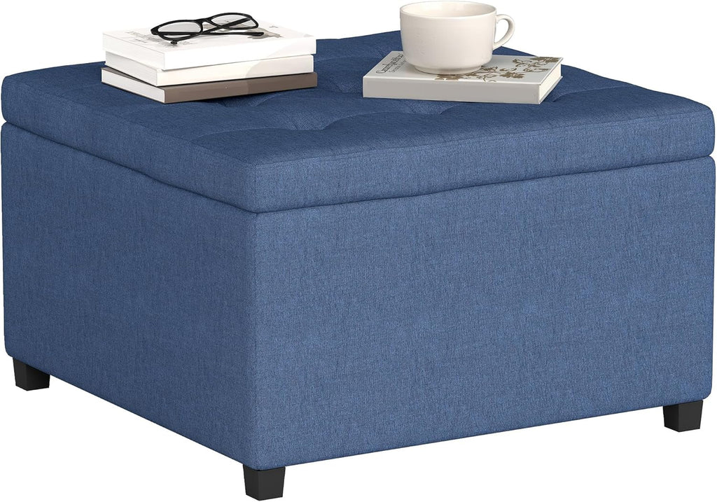 HOMCOM Storage Ottoman Coffee Table with Flip Top Seat Lid, Tufted Upholstered Footstool with Wood Frame for Living Room, Entryway, Bedroom, Blue