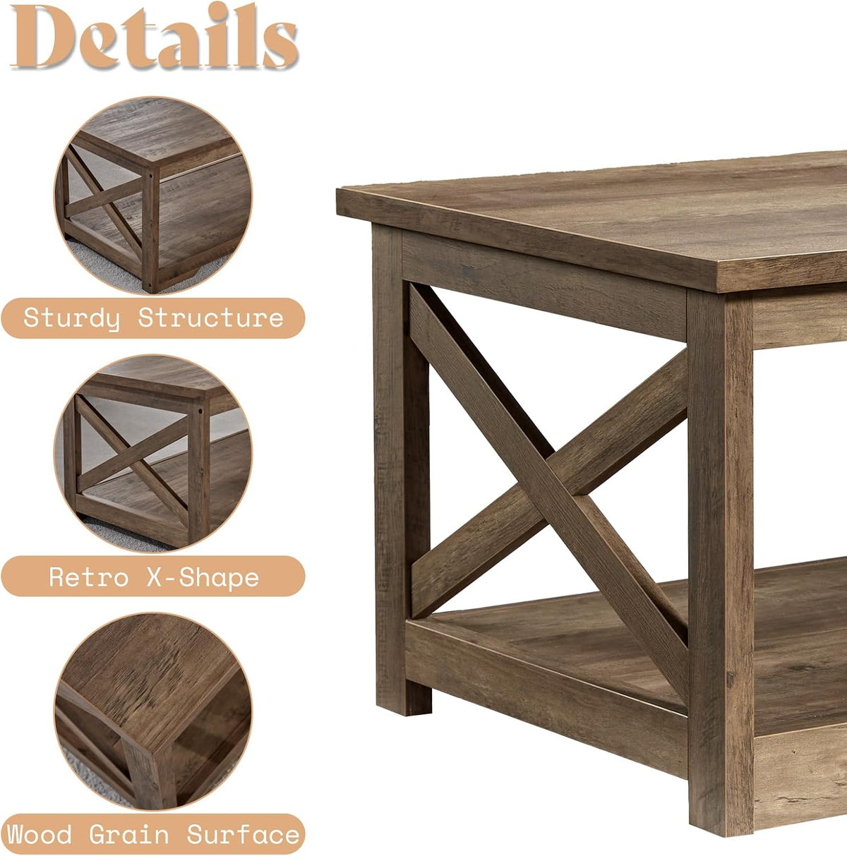 AMERLIFE 3-Piece Farmhouse Table Set Includes Coffee Table& Two End Tables, Side Table with Charging Station and USB Ports, for Living Room, Barnwood