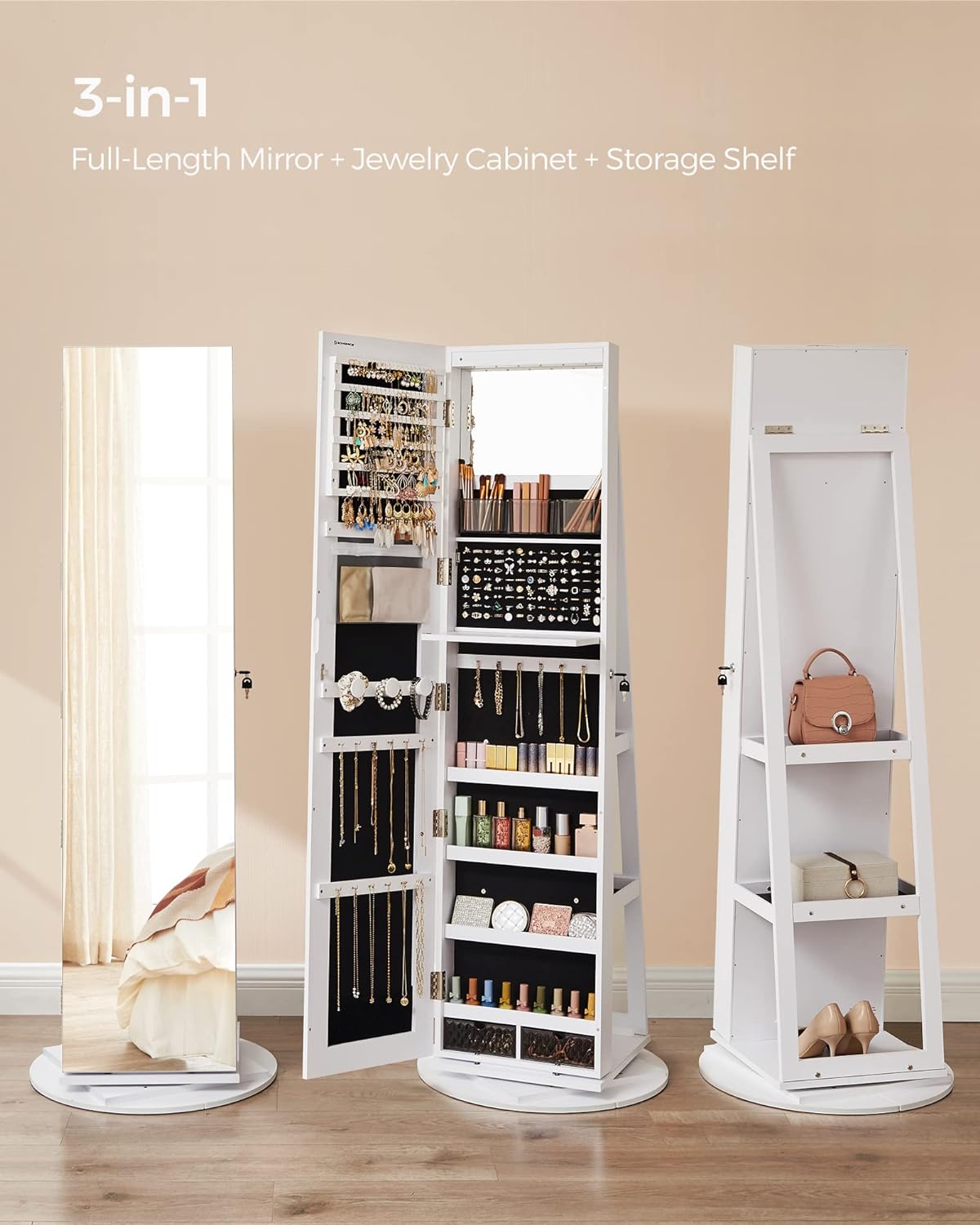 SONGMICS 6 LEDs Lockable Mirror Jewelry Cabinet, 360° Swivel Jewelry Organizer Armoire Standing, Frameless Full-Length Mirror, 3 Storage Shelves, White Surface, Black Lining UJJC007W01