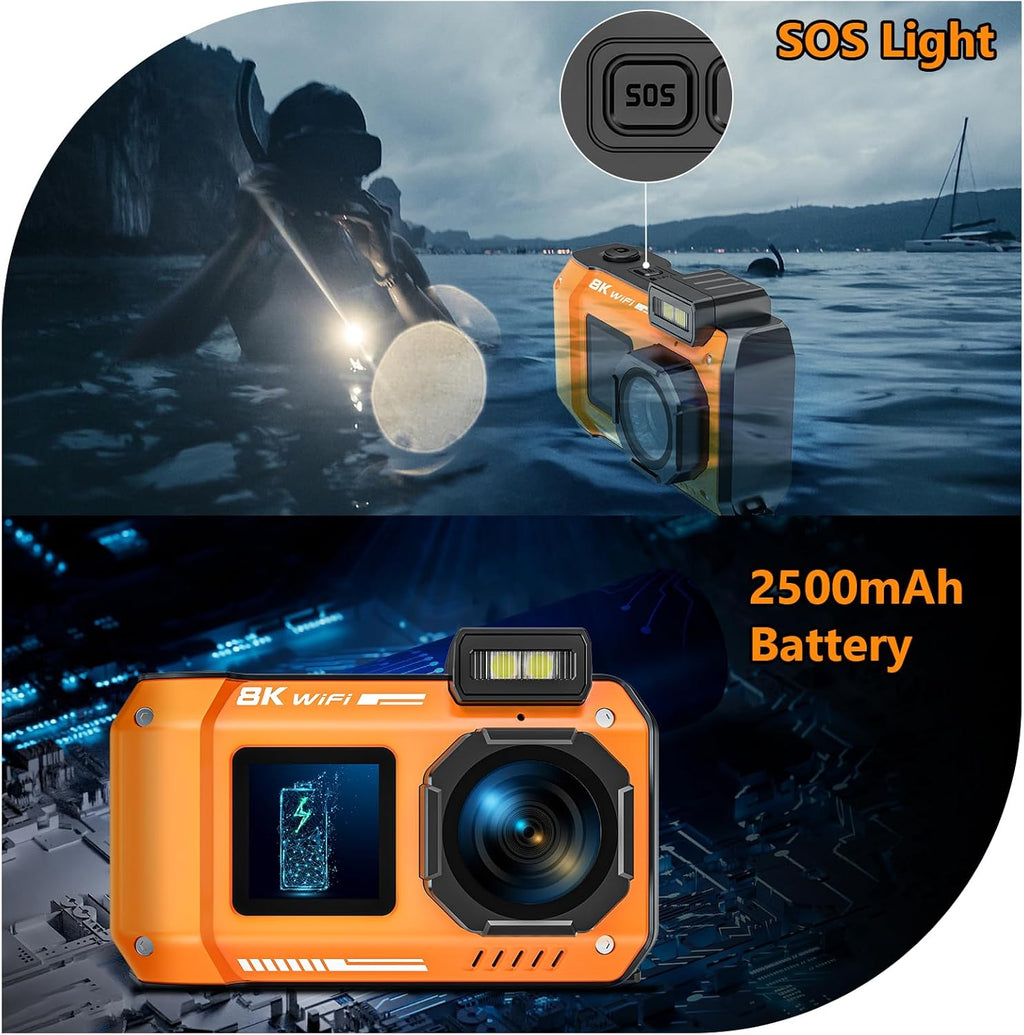 UHD 8K Underwater Camera, 70MP 33FT WiFi Waterproof Digital Camera with 64GB Card, Auto Focus Waterproof Dual-Screen Selfie 2500mAh Battery, 18X Floatable Digital for Snorkeling, Orange