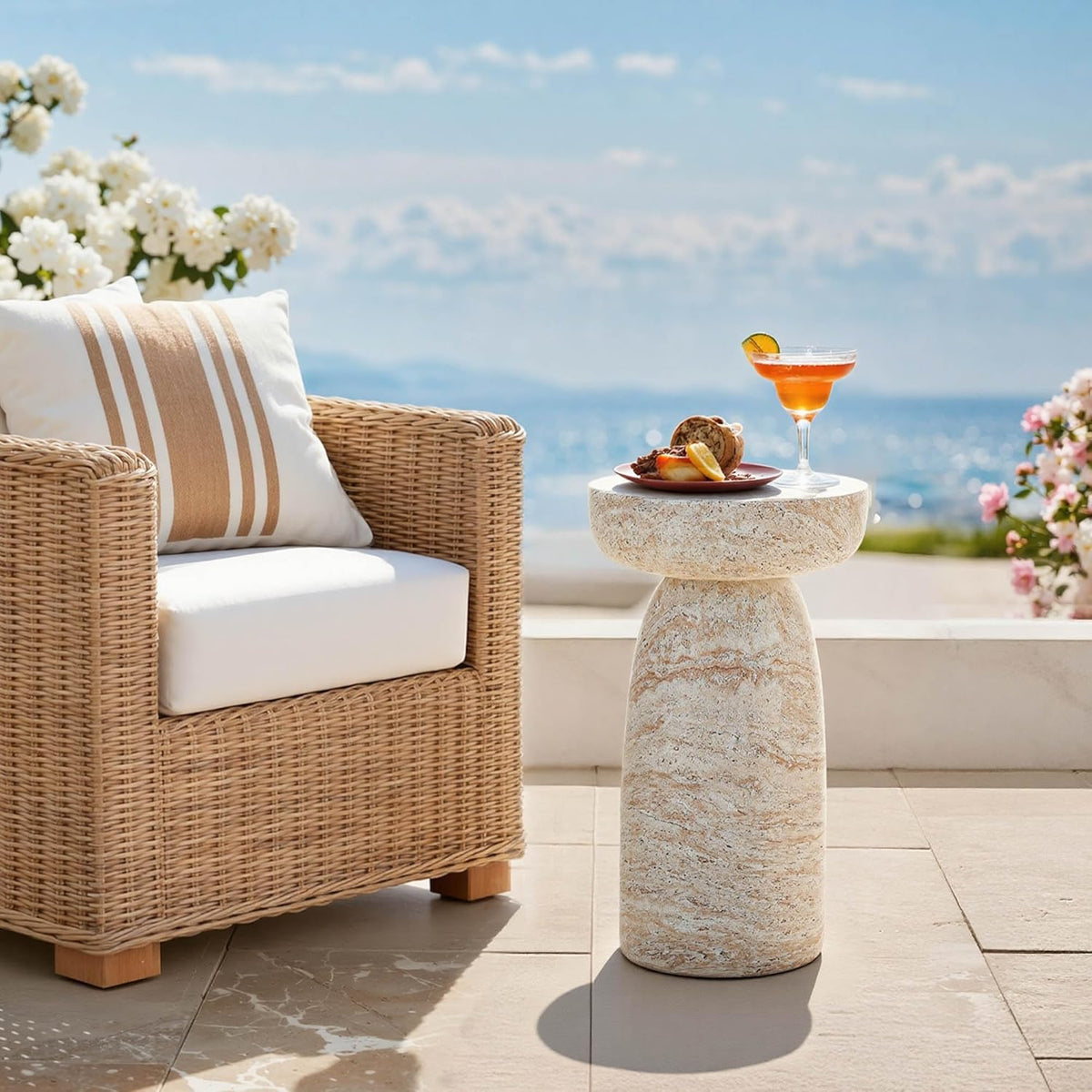 24" Outdoor Side Table, Large Modern Geometric Pedestal End Table, Decorative Patio Coffee Table for Balcony & Porch, Small Space Saving Accent Table, Planter Stand for Garden or Living Room
