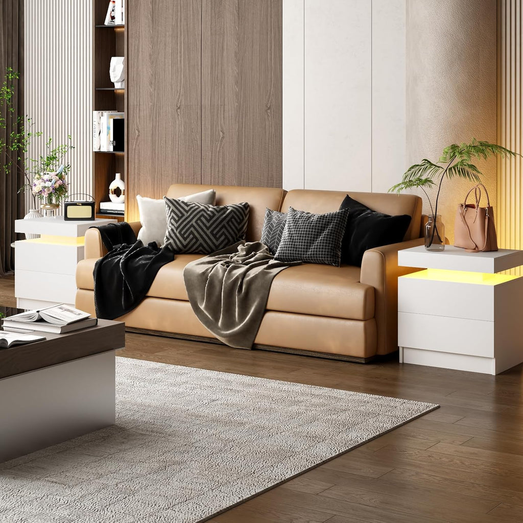 LED Nightstands Set of 2, Modern White Night Stand End Tables with APP & Remote Control LED Lighting, 2 Drawers, Open Shelf Storage, Bedside Tables for Bedroom and Living Room