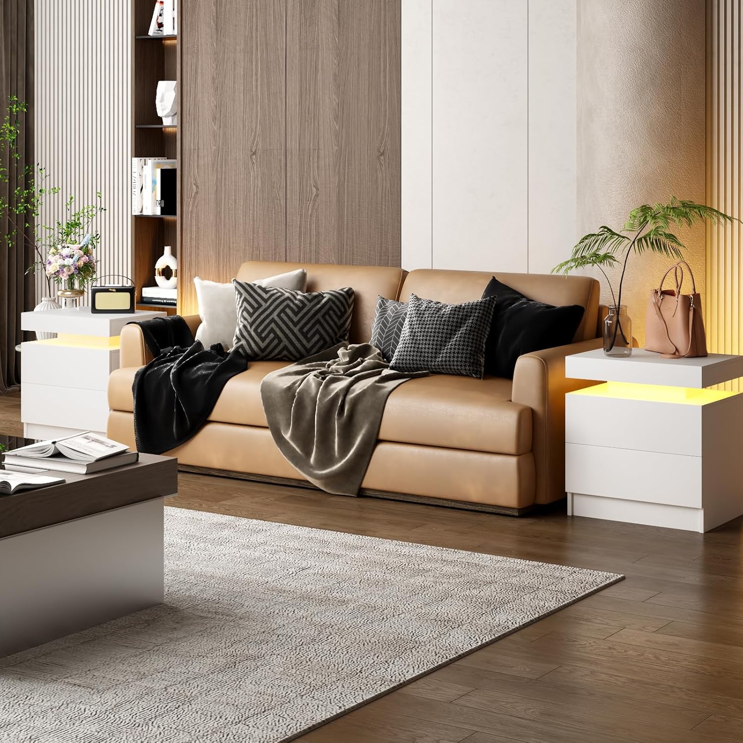 LED Nightstands Set of 2, Modern White Night Stand End Tables with APP & Remote Control LED Lighting, 2 Drawers, Open Shelf Storage, Bedside Tables for Bedroom and Living Room