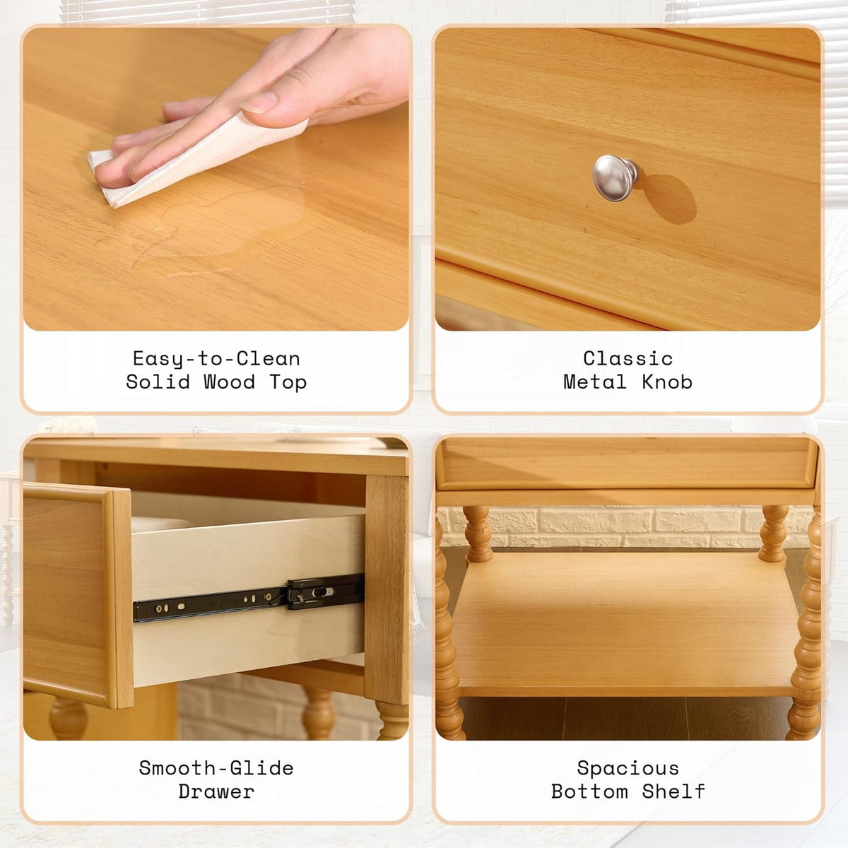 AMERLIFE 24" Wood Nightstand Set of 2, Vintage Bedside Table for Bedroom, Solid Wood Night Stand with Turned Legs, End Table with Drawer & Open Shelf, Natural Finish