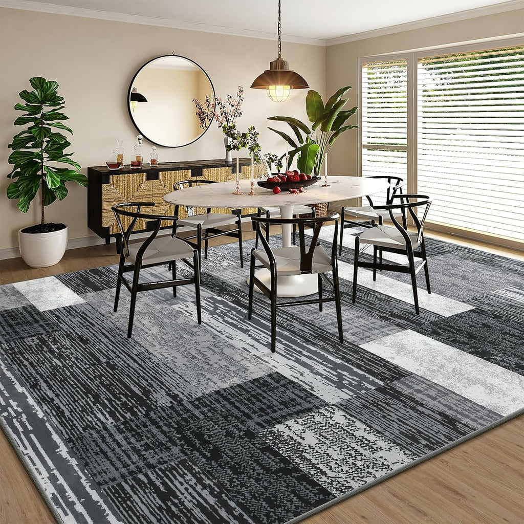 Large Area Rugs,Modern Geometric Patchwork Floor Decor for Bedroom Aesthetic Carpet, Rockwood Collection, Indoor Rugs for Living Room, Dining Room, Nursery, Office, Machine Washable Rug,9x12 Ft Grey