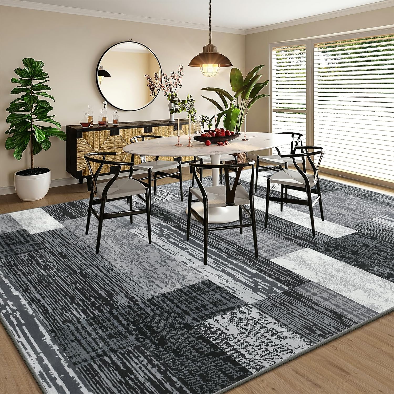 Large Area Rugs,Modern Geometric Patchwork Floor Decor for Bedroom Aesthetic Carpet, Rockwood Collection, Indoor Rugs for Living Room, Dining Room, Nursery, Office, Machine Washable Rug,9x12 Ft Grey