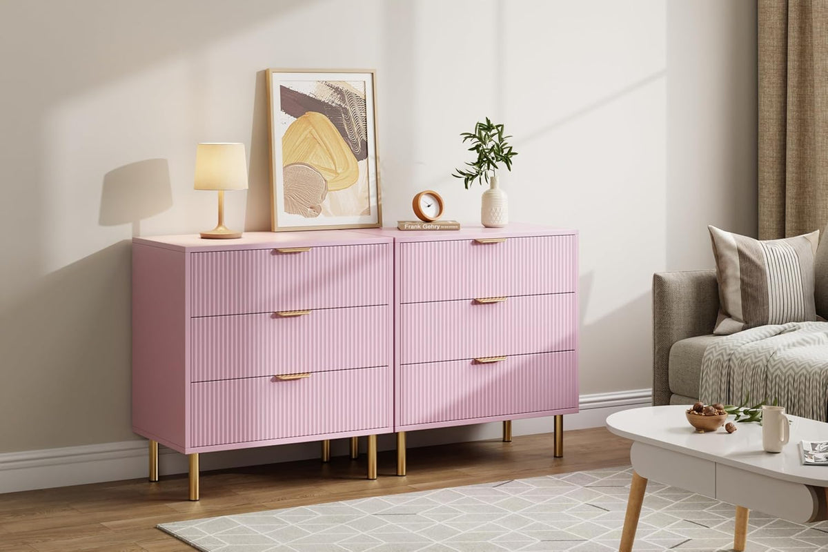 IDEALHOUSE Pink Dresser, Modern 3 Drawer Dresser for Bedroom with Gold Handle and Large Drawer, Wood Double Chest of Drawers and Storage Organizer for Living Room, Hallway, Entryway