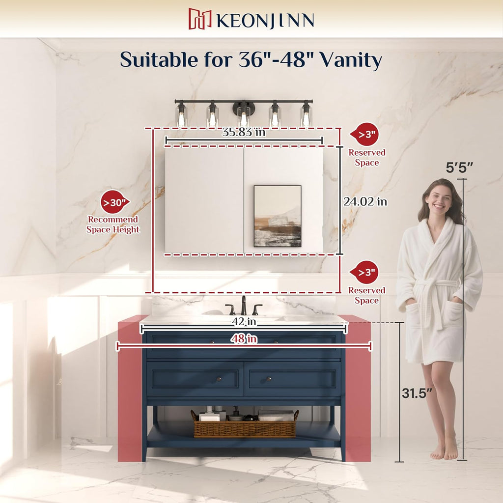 Keonjinn 36 x 24 Inch Black Medicine Cabinet, Bathroom Medicine Cabinet with Mirror, Lightweight Aluminum Structure, Assembly Required, in Wall or Wall Mount, Free Adjustable Shelves, Tempered Glass