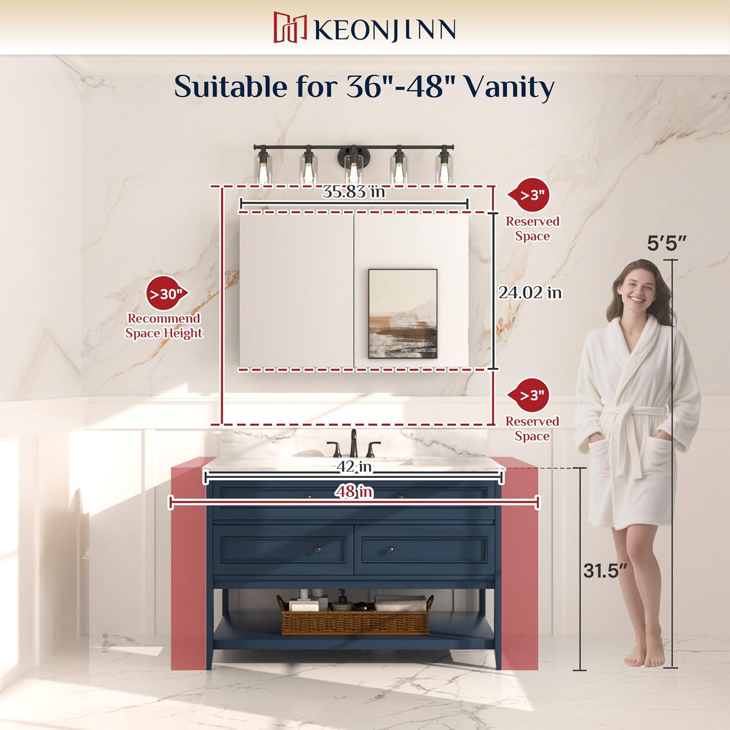 Keonjinn 36 x 24 Inch Black Medicine Cabinet, Bathroom Medicine Cabinet with Mirror, Lightweight Aluminum Structure, Assembly Required, in Wall or Wall Mount, Free Adjustable Shelves, Tempered Glass