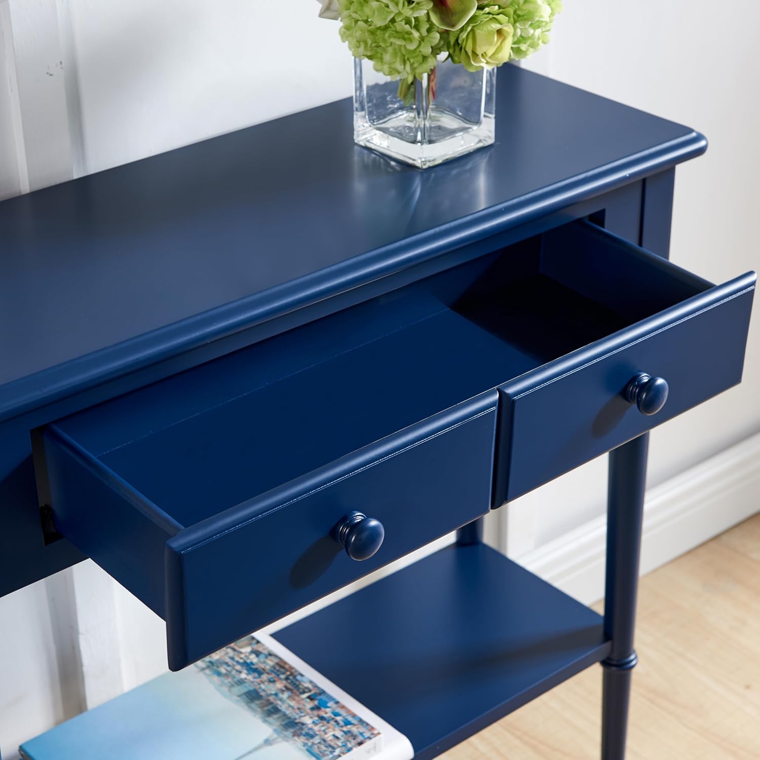 Leick Home Coastal Console Table, Solid Wood, 2 Storage Drawers, Bottom Display Shelf, Narrow Depth, Easy-Assembly, for Living Room/Hallway, Navy Blue, 30.0 in. W x 11.0 in. D x 28.0 in. H, 20027-NV