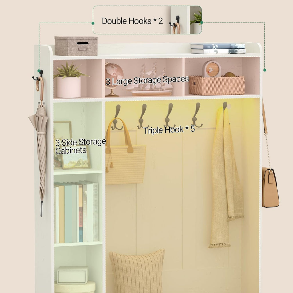 Hzuaneri 47.2" Hall Tree, LED Farmhouse Entryway Storage and Coat Rack Wood, Entryway Furniture with 7 Hooks, Hall Tree with Bench and Storage, 6 Storages Partitions Shoe Bench, Rustic White HT24514X