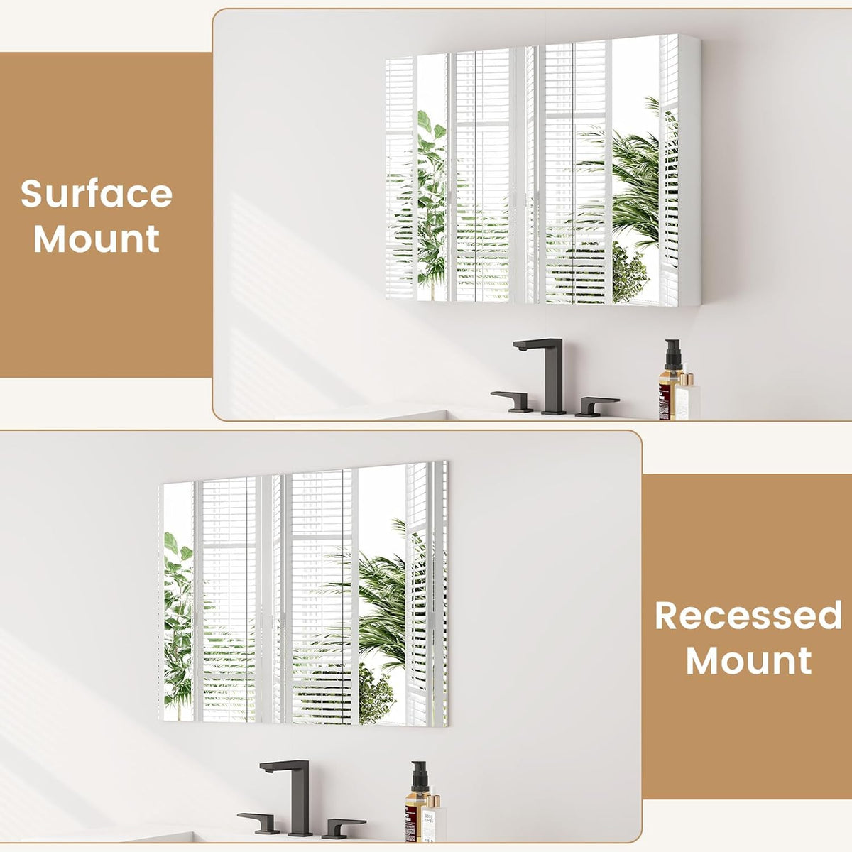 Giantex Bathroom Mirror Cabinet, Wall Mounted Medicine Cabinet with 3 Frameless Mirrored Doors & Mounting Hardware, Hanging Storage Cabinet for Recess or Surface Mount, 35.5” x 25.5”