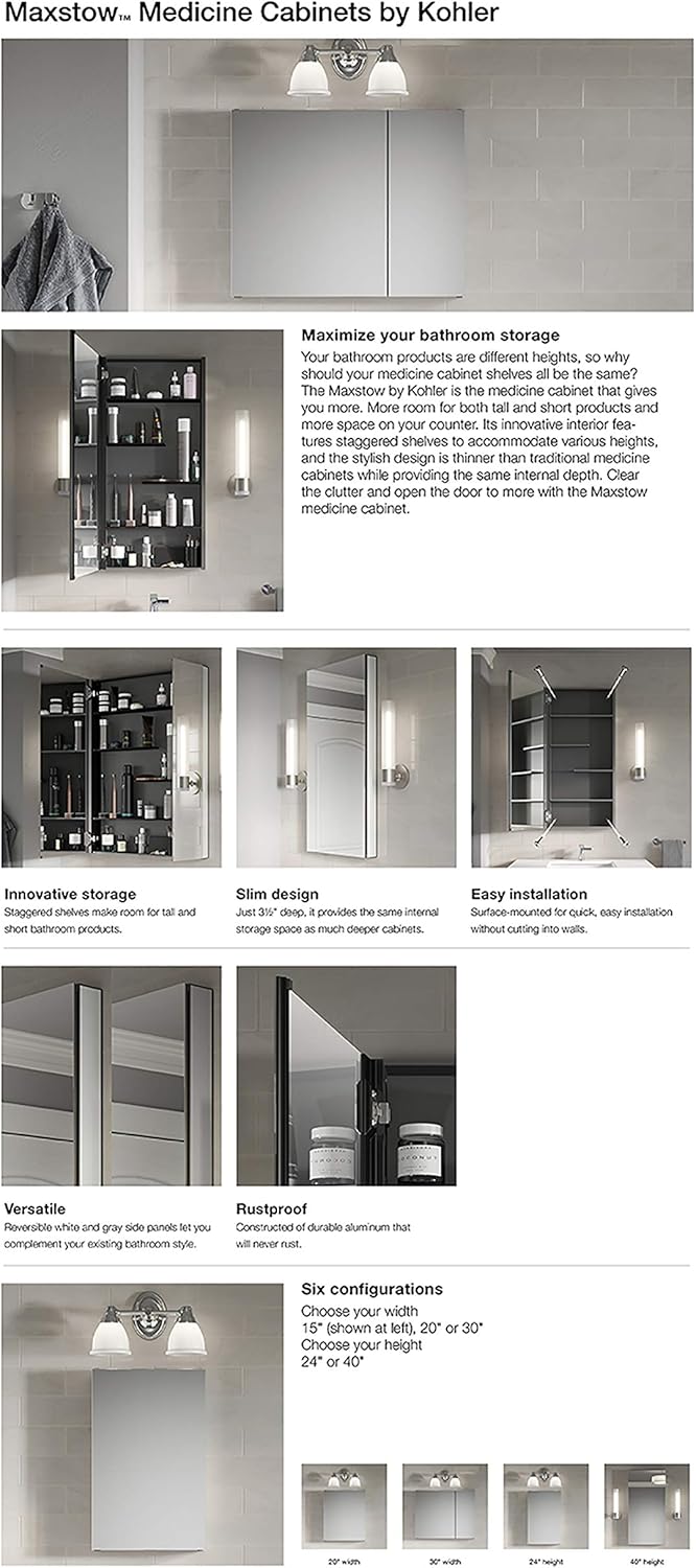 Kohler 81147-DA1 Maxstow Frameless Surface-Mount Bathroom Medicine Cabinet with Mirror, 15 in. W x 40 in. H, Dark Anodized Aluminum