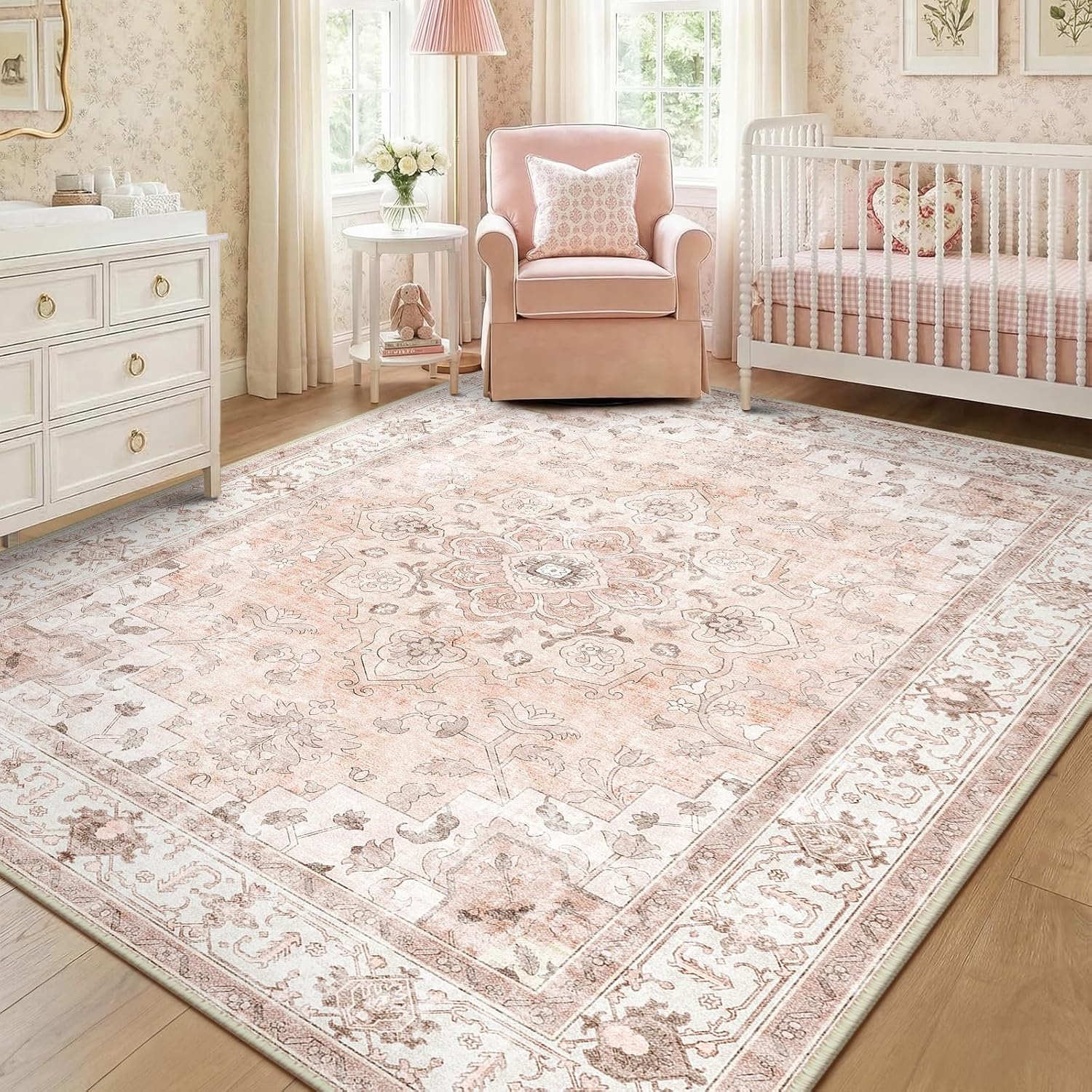 CAPALOCA Machine Washable Rugs Nursery Rug 8x10 Cute Girl Non Slip Low Pile Water Repellent Soft Print Pattern for Bedroom Indoor Decor Kids Playroom Pink
