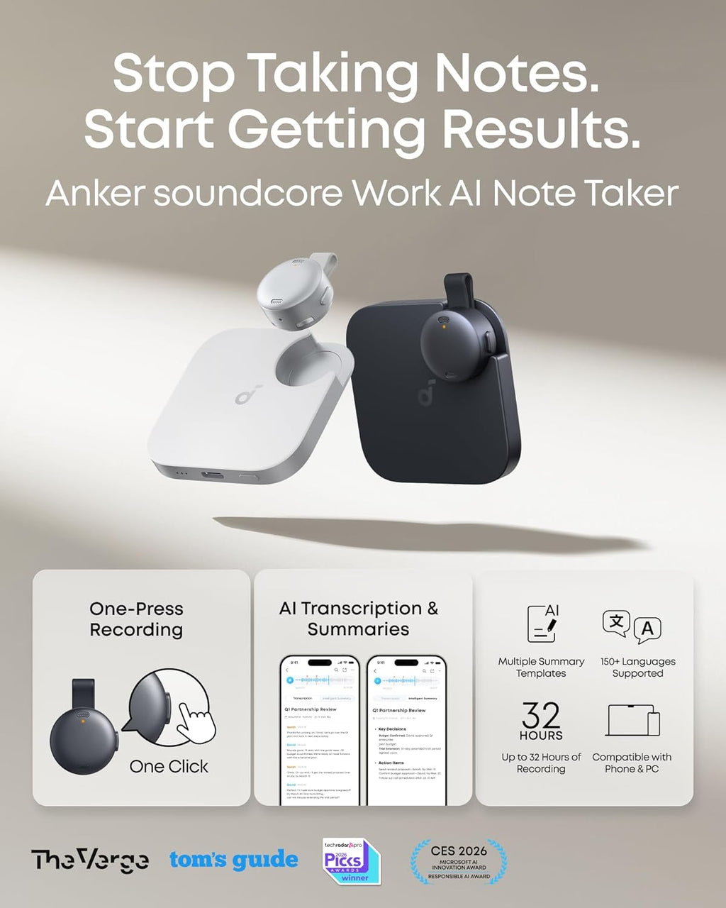 soundcore Work by Anker, Coin-Sized AI Voice Recorder, AI Note Taker for Meetings & Lectures, AI Transcription, AI Gadget, Cross-Meeting Summary, MFi Certified