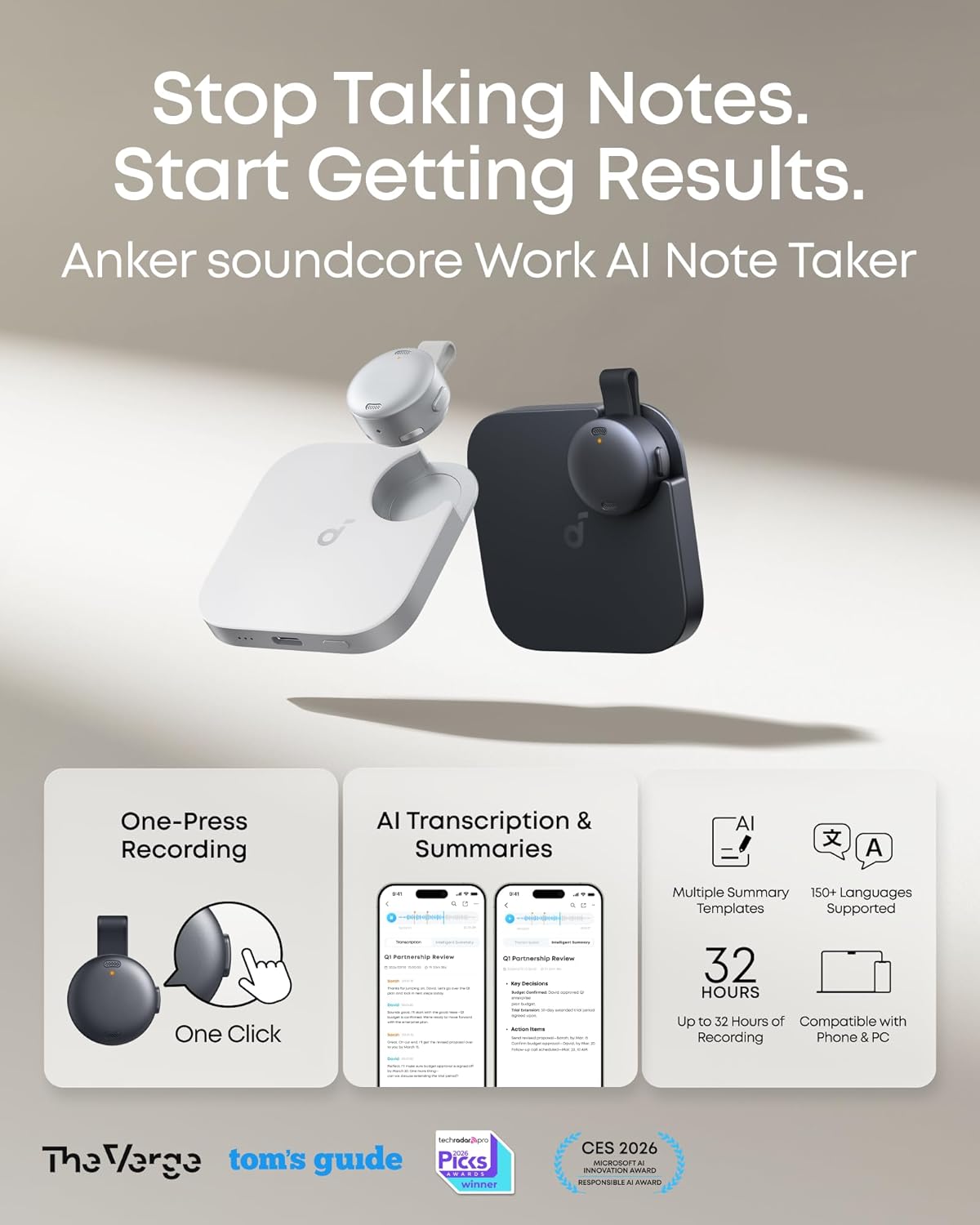 soundcore Work by Anker, Coin-Sized AI Voice Recorder, AI Note Taker for Meetings & Lectures, AI Transcription, AI Gadget, Cross-Meeting Summary, MFi Certified