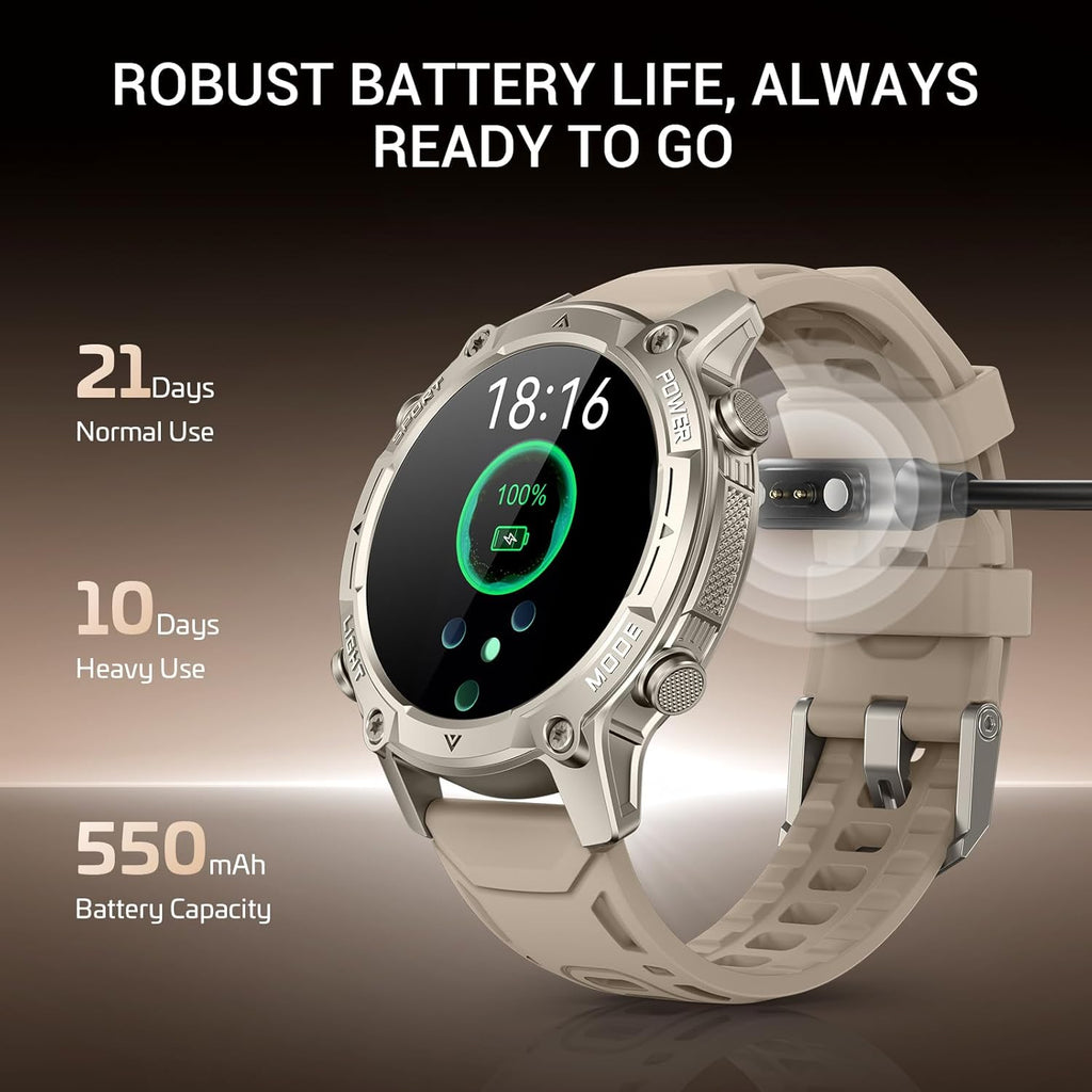 Men's Outdoor Smartwatch, Standalone GPS & Offline Maps, 5ATM Waterproof, 1.43" AMOLED, 4GB Memory, 178 Sports Modes, Compass, Heart Rate/SpO2/Stress/Sleep Monitor, Compatible Android and iOS Khaki