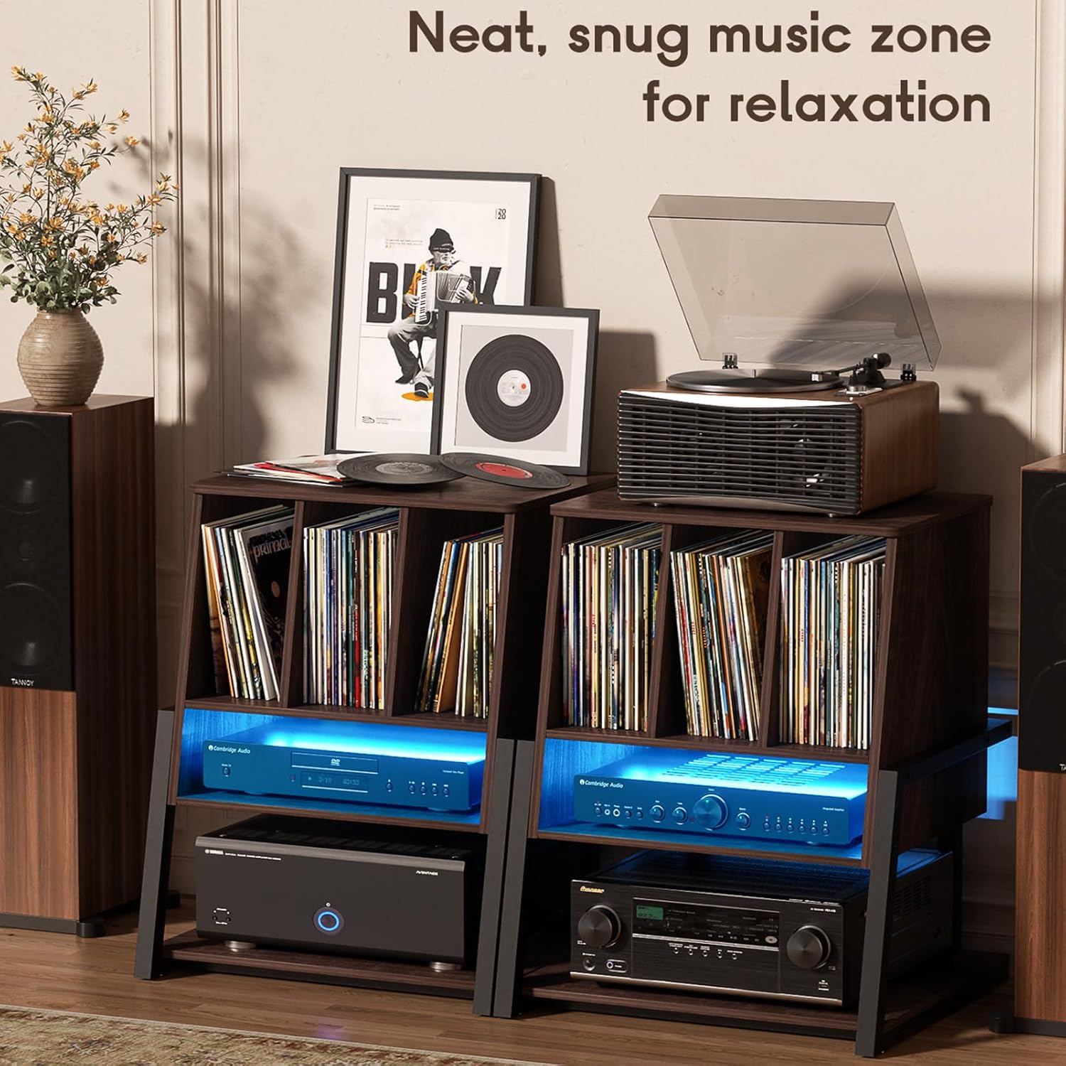 Homieasy Record Player Stand with Vinyl Storage Cabinet, 22" Record Player Table Up to 200 Albums, Large Wood Turntable Stand with Record Album Holder with Charging Station & LED Light, Espresso